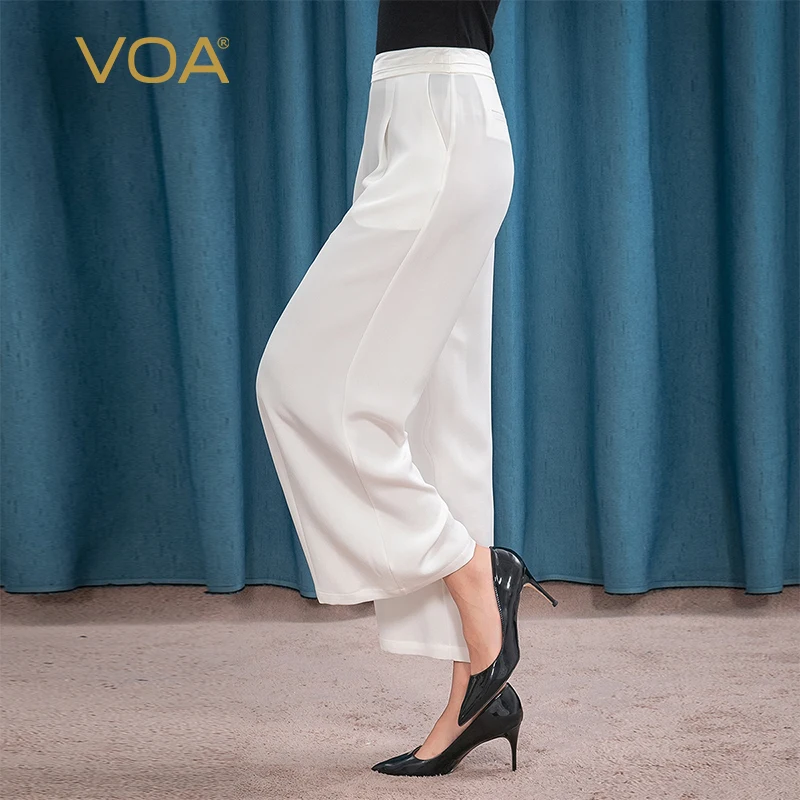 

VOA 30m/m Silk Bottoms Milk White Trousers Waist Oblique Pocket Yuke Pleat Cover Meat Slim Joker Straight Pants for Woman KE151
