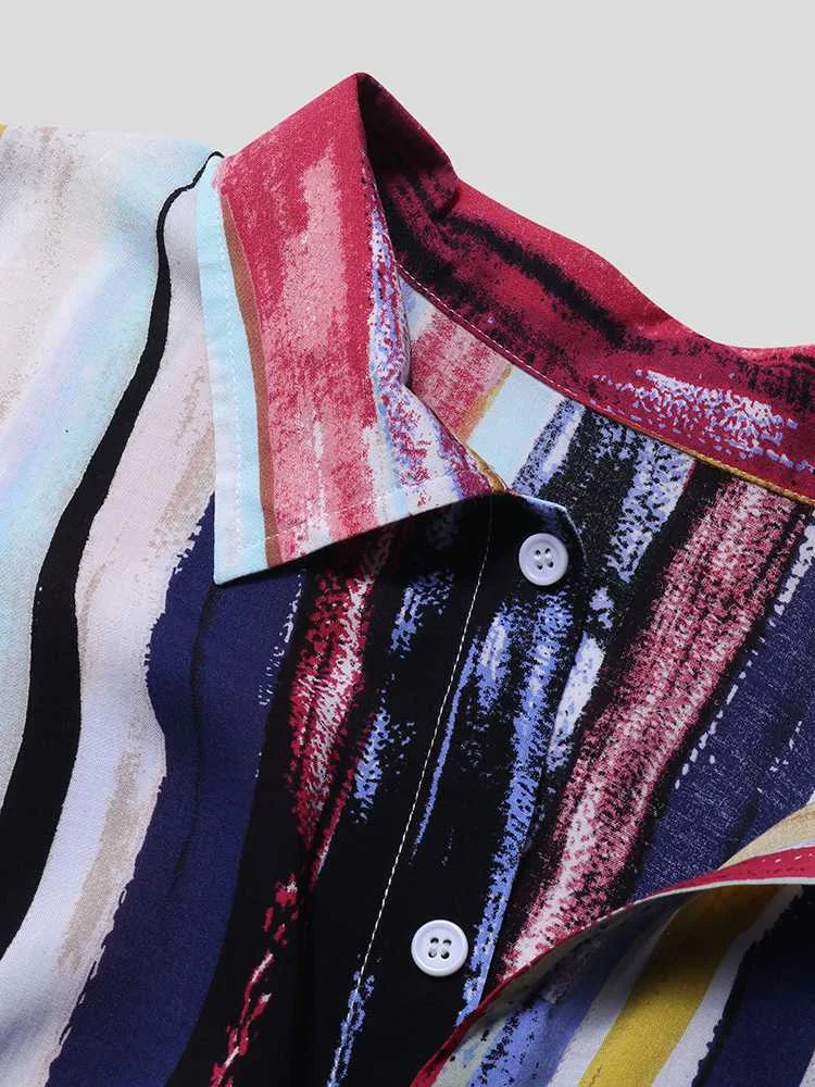 ChArmkpR 2022 Summer Men Shirts  Multi Color Graffiti Chest Pocket Round Hem Loose Short Sleeve Shirts Chemise Beach Tops Tee