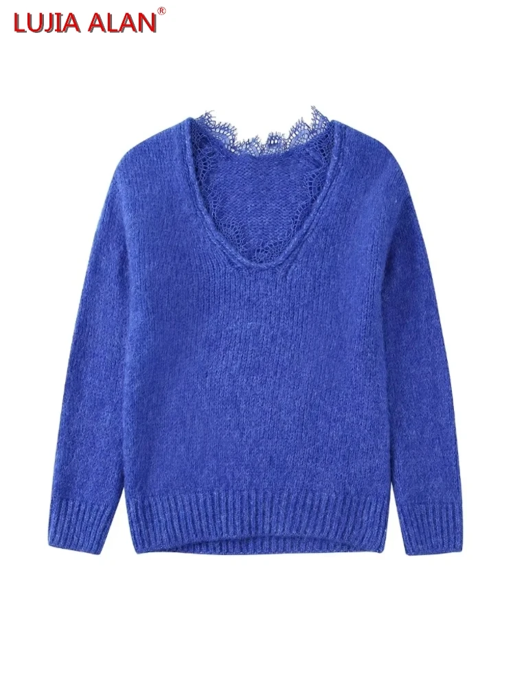 

Autumn New Women's Blue Knitting Lace V-Neck Long Sleeve Casual Loose Sweater LUJIA ALAN SW1893