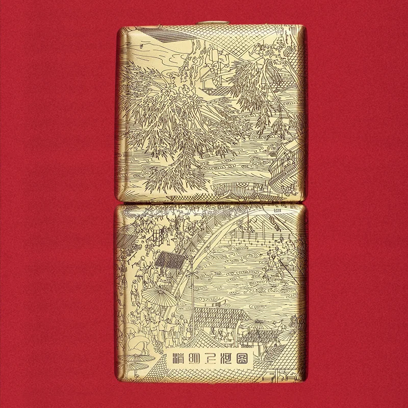 Фото Портсигар Qingming Shanghetu, латунь, модный металл, 20 шт., портативный, золотой, латунь №5