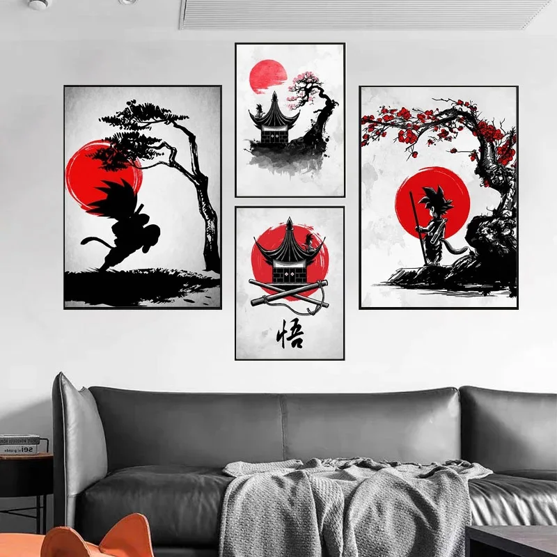 Японское Аниме Драконий жемчуг Чернила Красный Черный Гоку Картина на холсте