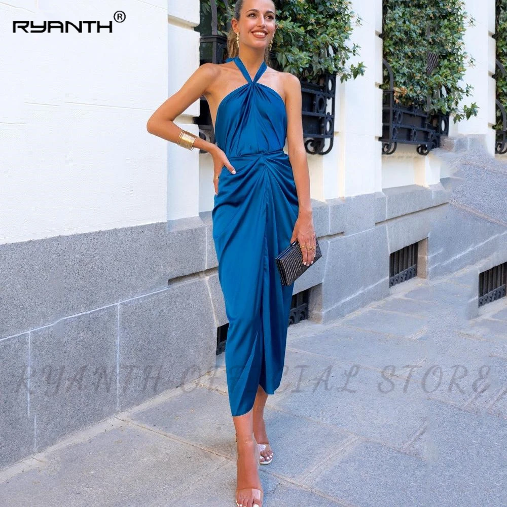 

Ryanth Simple Halter Satin Cocktail Dresses Open Back Sleeveless Party Gown Tea-Length Custom Made Vestidos De Gala Summer New