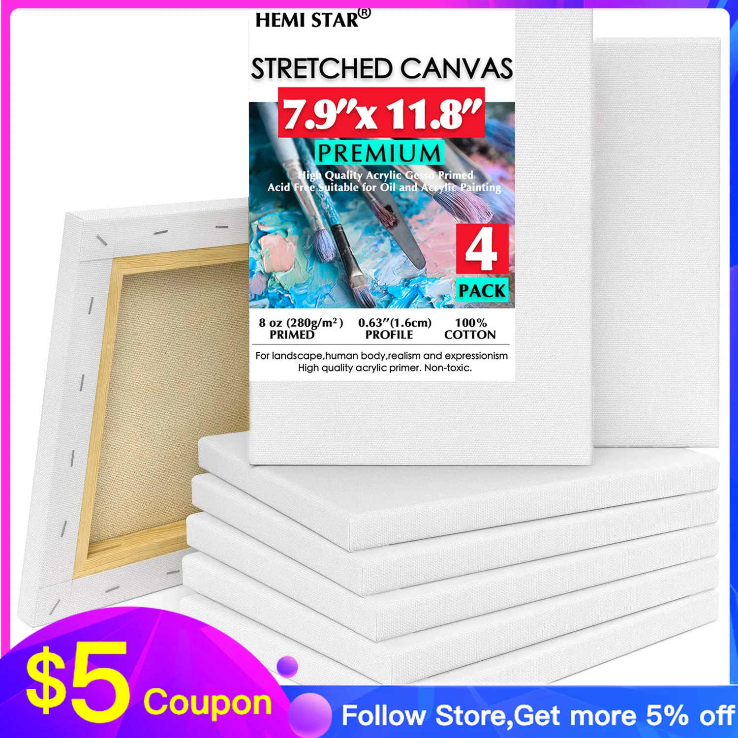 

4 pcs Stretched Canvas for Painting 100% Cotton Blank Canvas Boards for Painting Art Supplies for Acrylic Pouring and Oil Paint