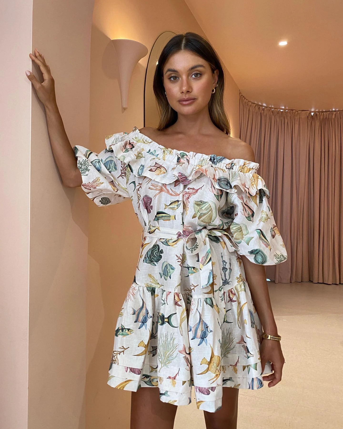 

2022 Spring and Summer Versatile Bubble Sleeve Sea Fish Print Women Lace Up Loose Short Linen Dress