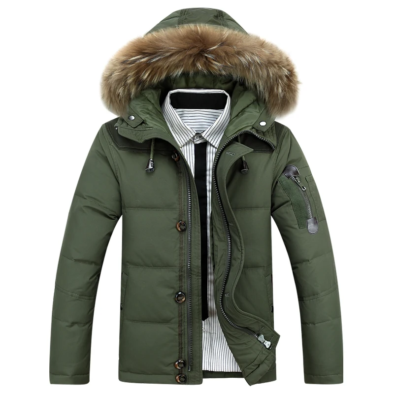 Male Winter Thickening Down Coat Natural Raccoon Dog Fur Collar Hooded Duck Down Short Jacket for Man Orange Army Green 2xl 3xl