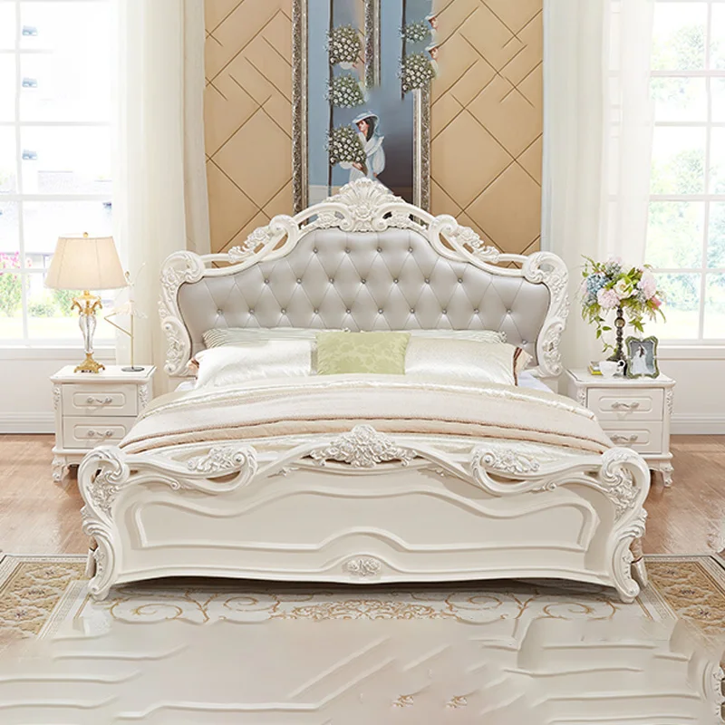 121513 Hot factory price European style carved double king size luxury white leather beds frame