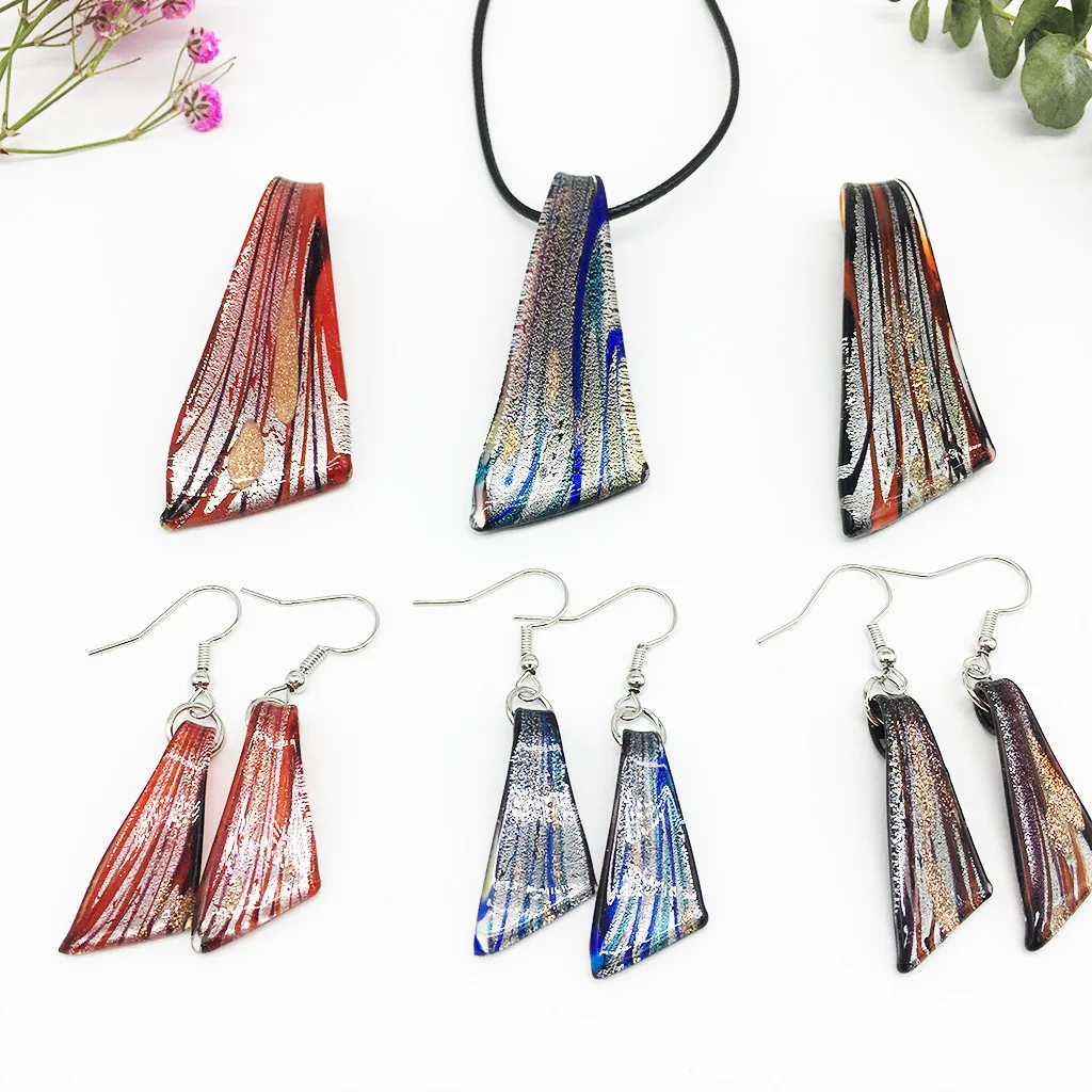

3 Sets Mix Colored Glaze Leaf Glass Murano Lampwork Pendant Necklace Earrings For Women Chinese Style Jewelry Free Shipping