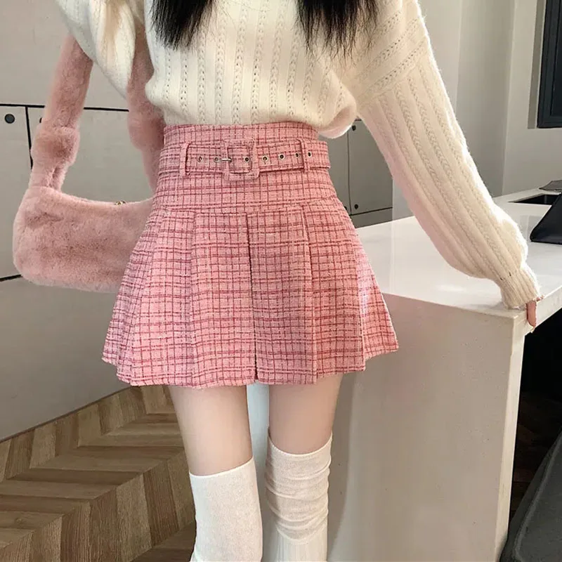 

2023 New Spring Autumn Women Skirts Korean Fashion with Belt Pleated Skirts Women All-Match Pink High Waist Mini Skirts