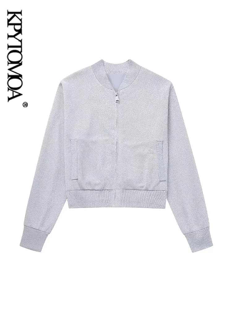 

KPYTOMOA Women Fashion Front Pockets Knit Bomber Jacket Coat Vintage Long Sleeve Zipper-up Female Outerwear Chic Tops