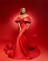 elegant aso ebi red evening dresses off shoulder beaded plus size prom gowns sexy sweetheart mermaid party dress vestidos de fi