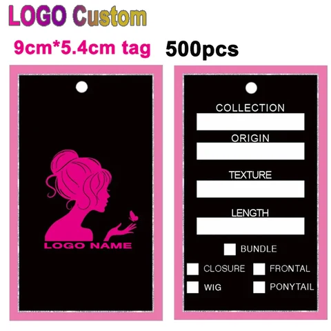Бирки для париков с логотипом на заказ, 500 шт., бирки для волос под заказ, 5,4 см * 9 см, бумажные бирки для наращивания волос, Персонализированные Бирки