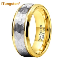 itungsten 8mm gold hammered tungsten ring men women engagement wedding band trendy jewelry two tone beveled edges comfort fit
