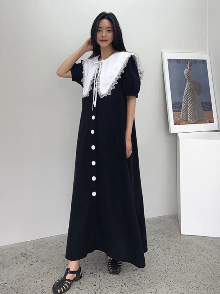 

Женское платье в стиле Питер Пэн, свободное платье с коротким рукавом и кружевной отделкой, платье с цветными блоками, весна 2022 N753