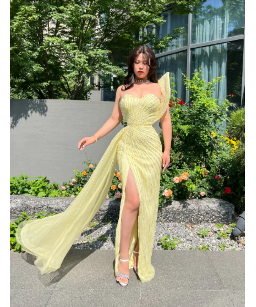 

Private Custom Luxury Yellow High Slit Handmade Sleeveless Evening Dress Sweetheart FloorLength Gowns Formal Party Gowns