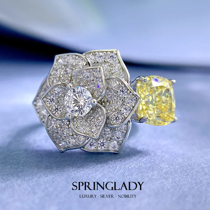 

SpringLady 2023 New S925 Sterling Silver 8 * 8 Yellow Diamond Ice Flower Cut High Grade Camellia Fashion Ring for Women