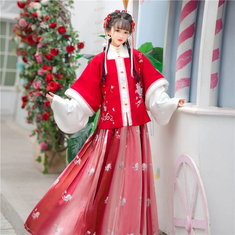 

Han Xushuang Yue Hu Han Fu женская короткая юбка-пальто, новогодняя плиссированная юбка с квадратным вырезом и рукавом до локтя в китайском стиле для зимы