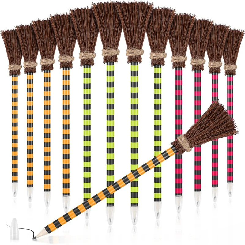 

12 Piece Colorful Witch Broom Pens Wizard Broom Writing Pencils Wood Witch Broom Pencil