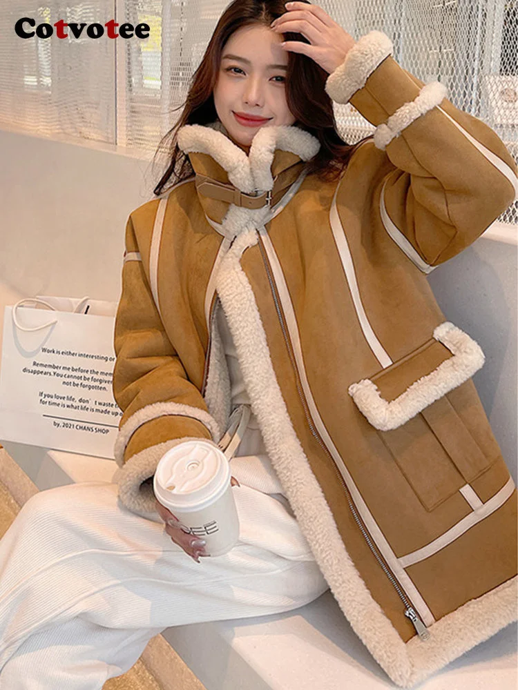 

Cotvotee Leather Jackets for Women 2022 Spliced Lambswool Winter Coat Women Vintage Overcoat Female New Loose Snow Warm Jacket