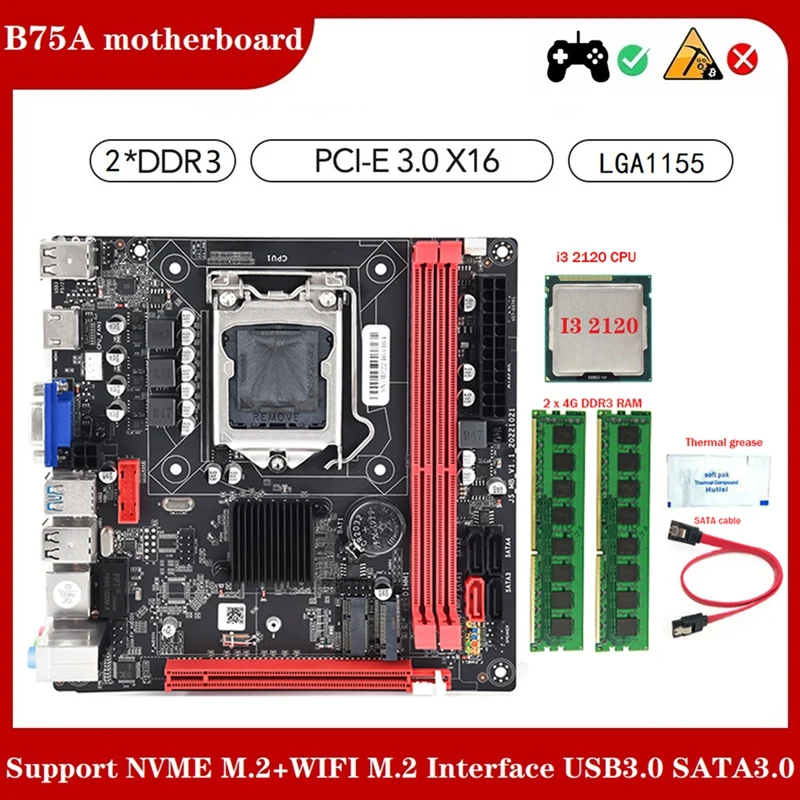 

1Set B75A(B75) Motherboard+I3 2120 CPU+2X4G DDR3 1600Mhz RAM+Thermal Grease+SATA Cable 2XDDR3 RAM Slot USB3.0 SATA3.0