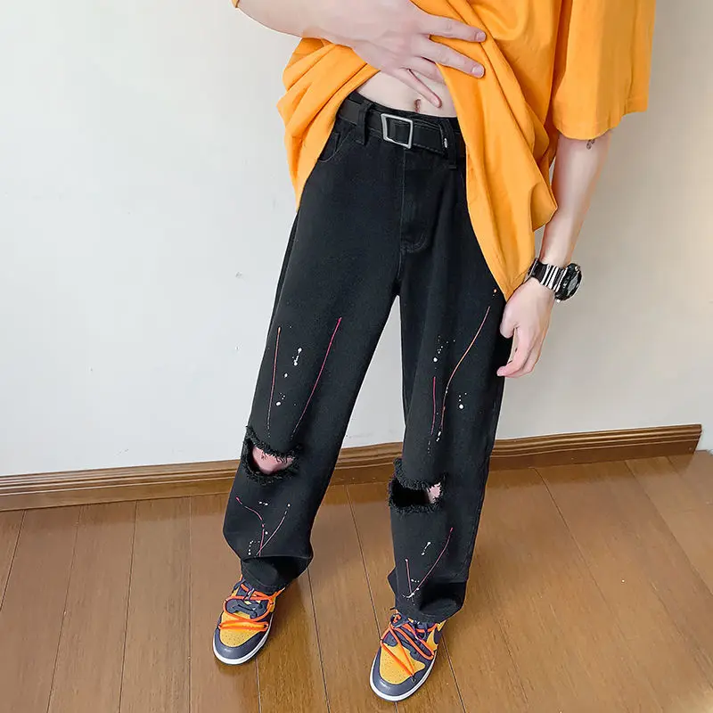 

Summer Ripped Jeans Men Fashion Splash Ink Casual Straight Jeans Men Streetwear Loose Hip Hop Hole Denim Pants Mens Trousers