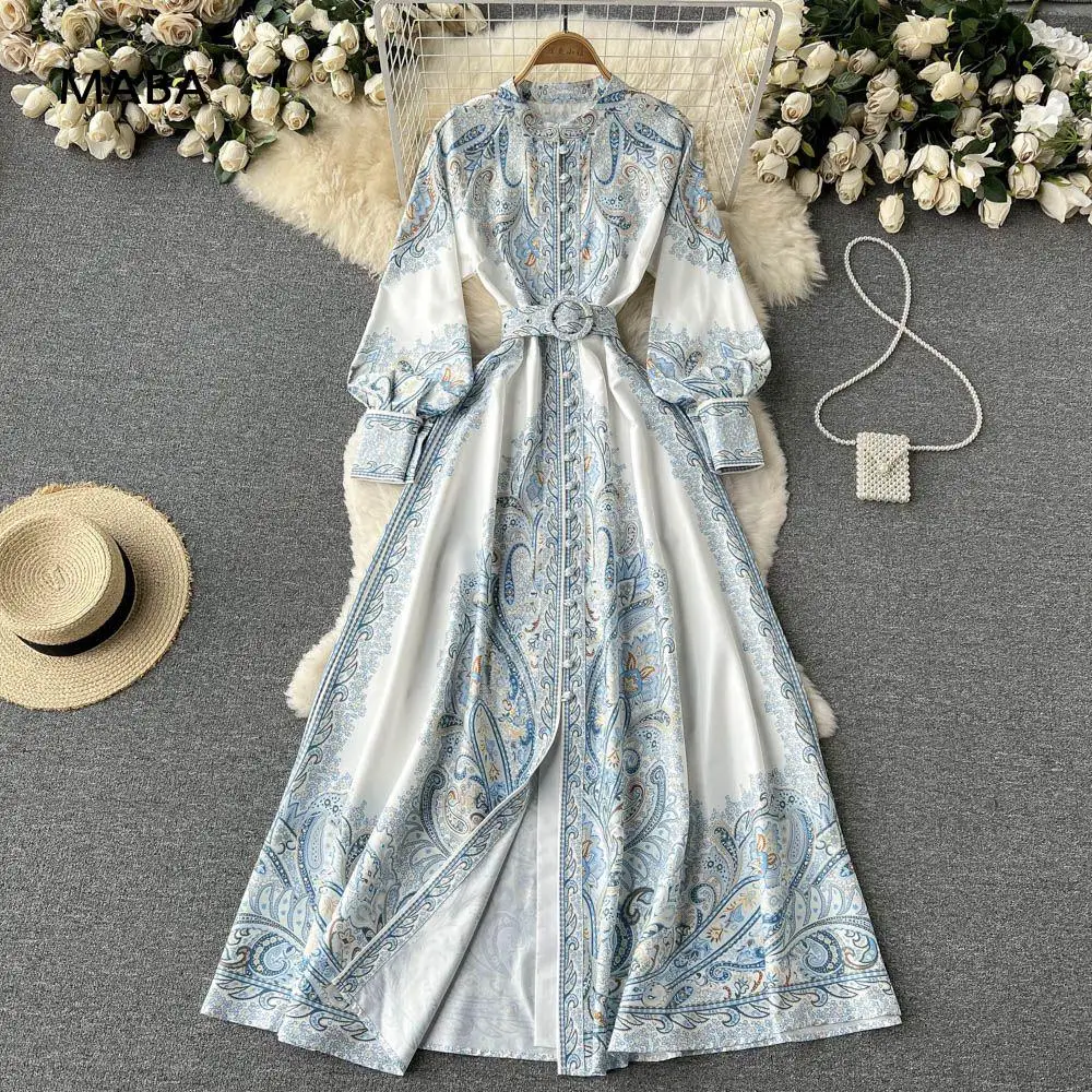 Spring Autumn Women Retro Ethnic Print Long Sleeve Long Dress Stand Neck Slim Belt Palace Single Breasted A-line Dress Vestidos