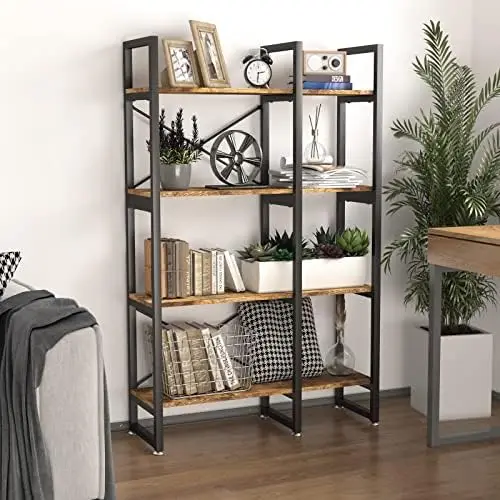 

Tier Bookshelf and Bookcase, Rustic Industrial Bookshelf, Large Etagere Bookshelf Open Display Shleves with Metal Frame for Livi