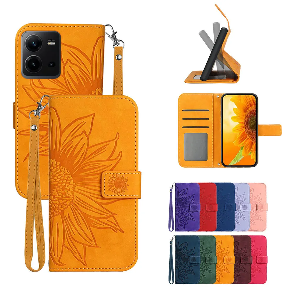 

Deluxe Sunflower Phone Leather Case For Vivo V20 Pro SE V21s V21e V23 V25 5G V25e X80 Lite iQOO U3x U1x Z5x Wallet Cover Coque