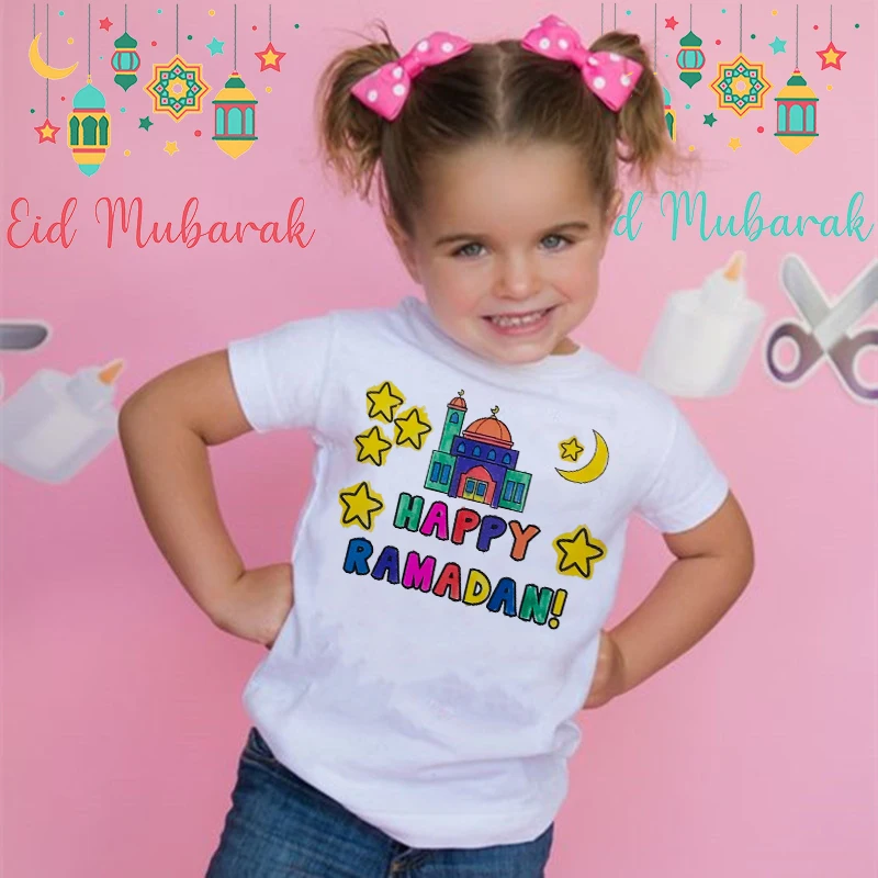 

Happy Ramadan Mubarak Print Kids Clothes T-shirt For Girls Boys Eid Ramadan Kids T Shirt Short Sleeve Islamic Muslim Outfit Tops