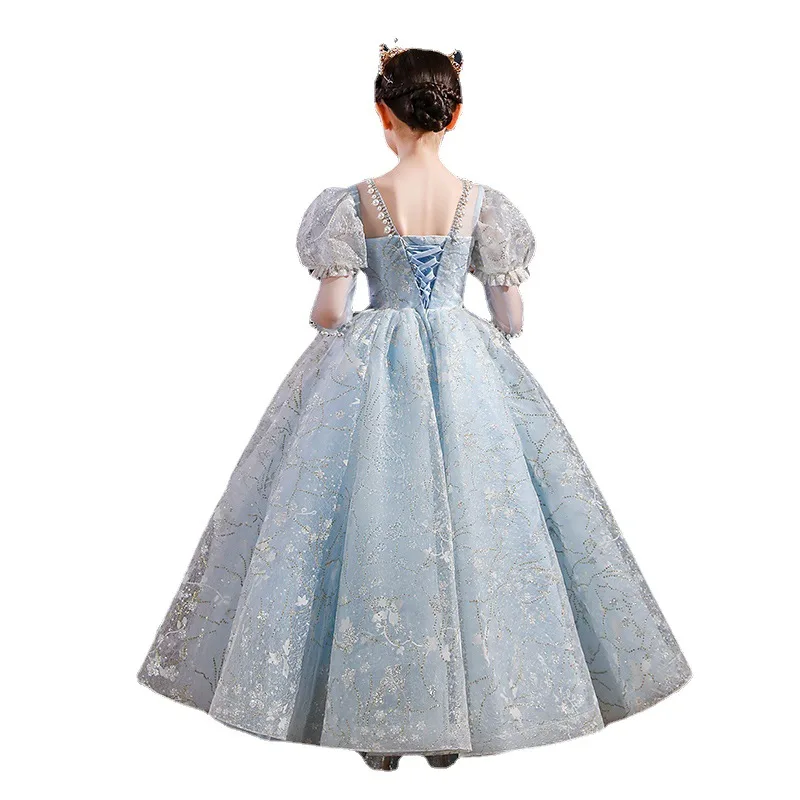 Girl Elegant Blue Dress Enfant Puff Sleeve Beaded Princess Ball Gowns Kids Ruched Prints Dresses Tulle Party Wedding Prom Frocks enlarge