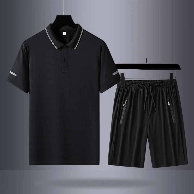 

2023 Summer Black White Tracksuits For Men's Set Sleeves Polo Shirt + Shorts Sportswear Brand Sporting Suit Oversize 5XL