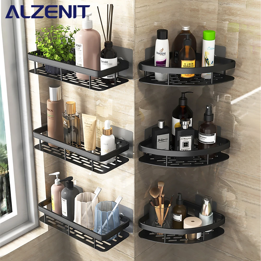 

Corner Shelf No Drilling Shower Storage Aluminum Shampoo Holder Wall Mounted Black Organizer Bathroom Caddy Kitchen Accessories