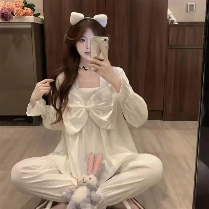 Cute Pajamas Set Full Sleeve Tops Long Pants 2Piece/Set Soft Bow Pyjama Big Size Sweet Homewear Cozy Plus Sleepwear