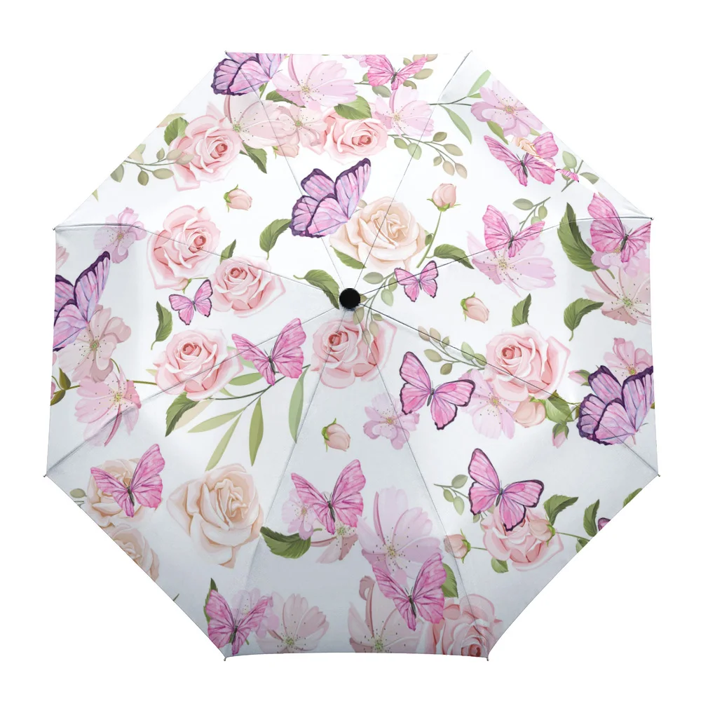 

Spring Flower Butterfly Rain Foldable Umbrella for Women Males Eight Strands Sunny Umbrella Fully-automatic Umbrella