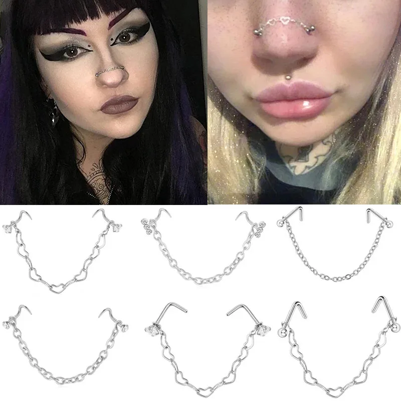 

1pcs Stainless Steel Double Nose Ring Ball Nose Nail Nose Chain Piercing Jewelry Nose Bone Stud 2023 New Piercing Chain Women