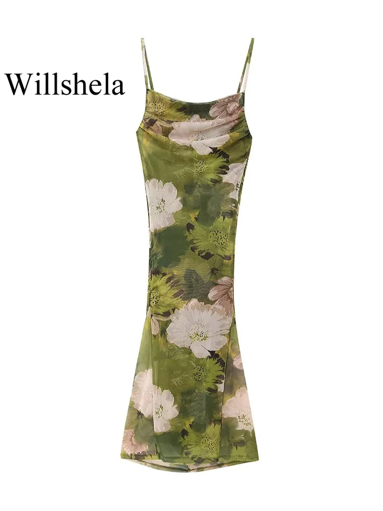

Willshela женское модное плиссированное платье миди с открытой спиной и тюлевым принтом винтажные тонкие бретельки с квадратным воротником женские шикарные платья