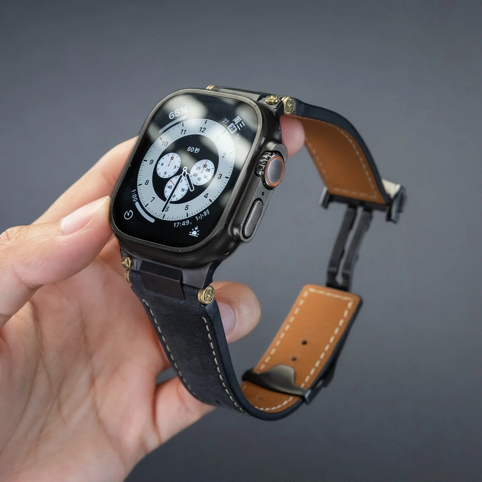 Фото Мужской кожаный ремешок для Apple Watch 11, 10, 9, 8, 6, 7, 3, SE с раскладывающейся застежкой, для серий Iwatch 42, 44, 45, 46, 49 мм, роскошные сменные ремешки №2