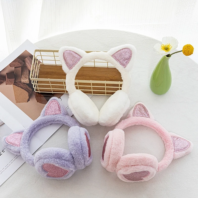 

Girls Cute Kitten Earflap Sequin Cat Ears Earmuffs Soft Plush Headband Winter Earmuff Women Warm Fluffy Earflap Headphone Warmer