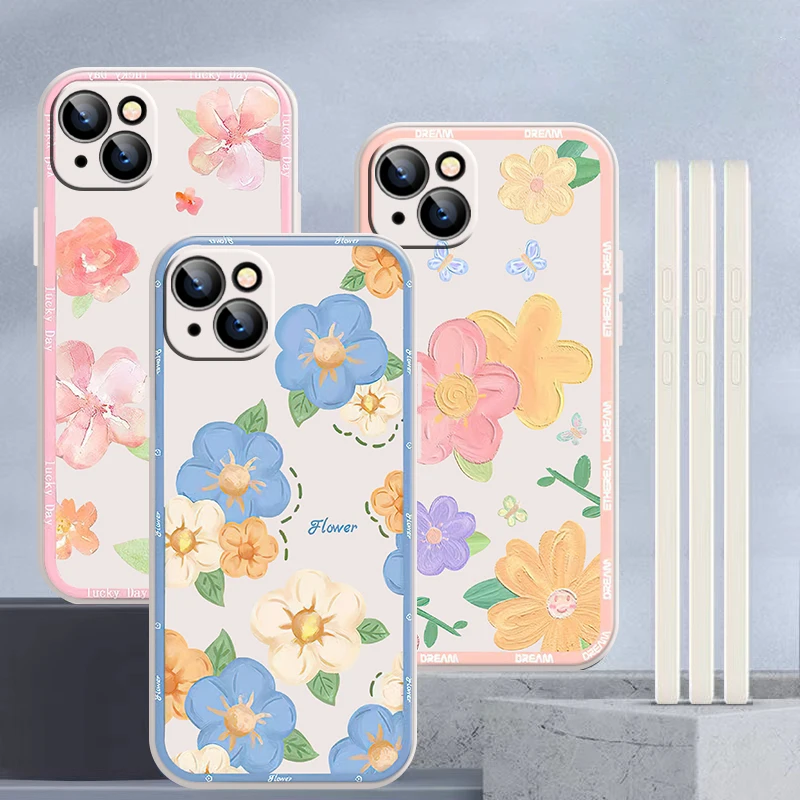 

Colour Flowers Oil Painting Phone Case For iPhone 13 12 11 Pro Max Mini X XR XS Max 6 6S 7 8 Plus White Liquid Silicon Coque