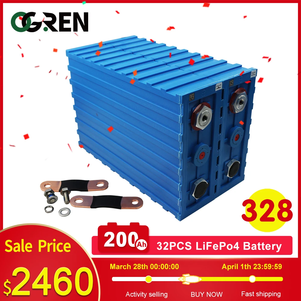 

New Grade A 3.2V 200Ah Lifepo4 Battery 32PCS Rechargeable Battery Pack Deep Cycle RV Solar Energy storage system EU US TAX FREE
