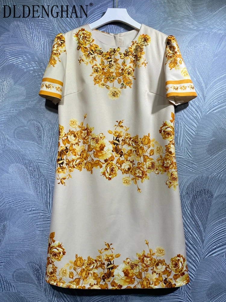 

DLDENGHAN Fashion Designer Summer Mini Dress Women O-Neck Short Sleeve Flowers Print Crystal Beading Vintage Dresses
