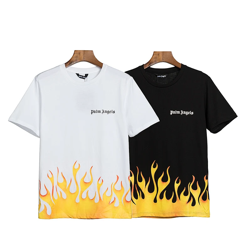 

Palm Angels Flame Letter Logo Men's T-shirt Summer Loose Casual Round Neck Short Sleeve T-shirt Cotton Streetwear Pullover Tops