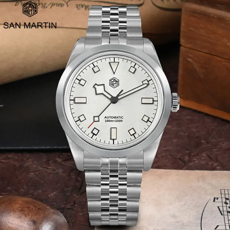 

San Martin 38 мм Винтажный Классический эмалевый циферблат PT5000 мужские спортивные часы исследование альпинизма автоматический механический сапфир 10 бар