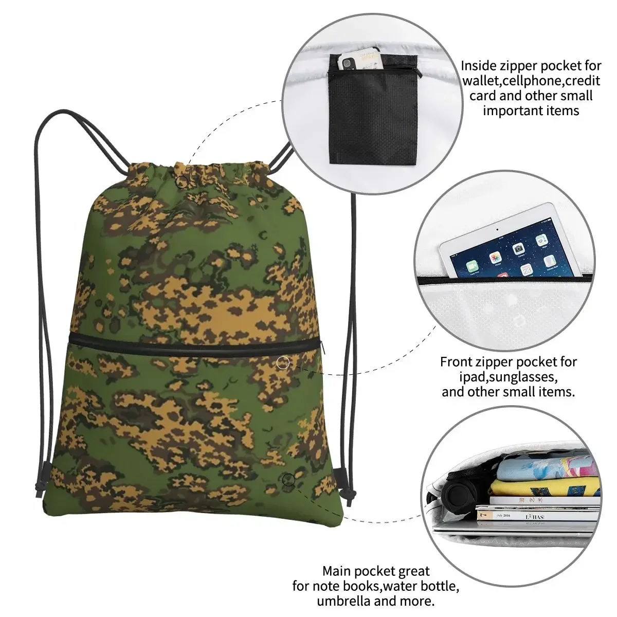 Russian Woodland Camouflage Portable Backpacks Drawstring Bag Casual Bundle Pocket Book Bags For School Students
