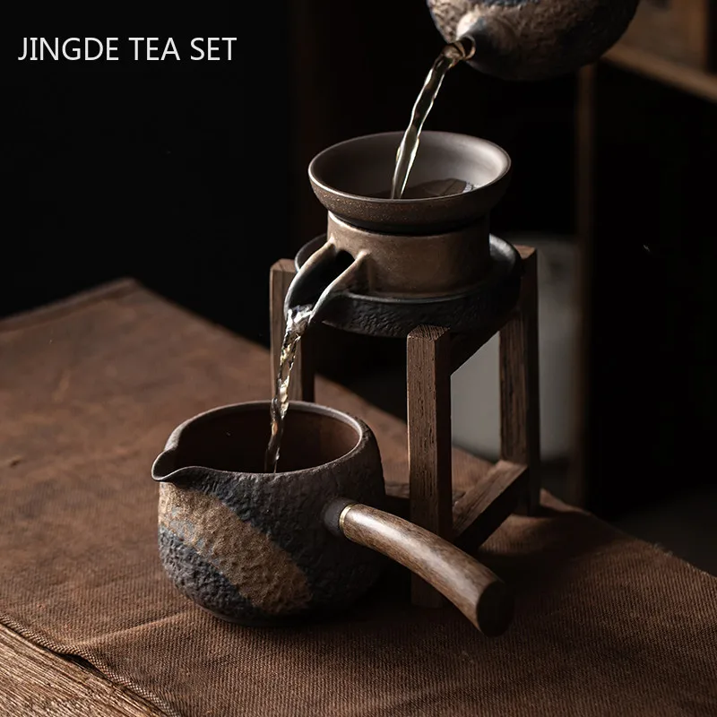 Vintage Rough Pottery Wooden Frame Tea Strainer Set Ceramic Wooden Handle Fair Cup Teapot Household Tea Set Accessories