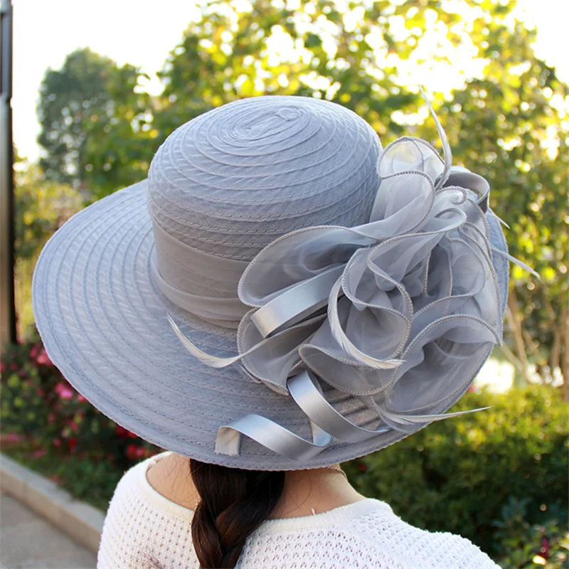 Kentucky Derby Floral Big Brim Hat Women's Organza Wedding Headwear Hat Elegant Foldable SunHat Beach with Beaded Festival hat