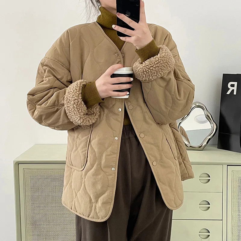 V-Neck Splice Lamb Wool Cotton Coat Women's 2022 Autumn and Winter Cotton Coat