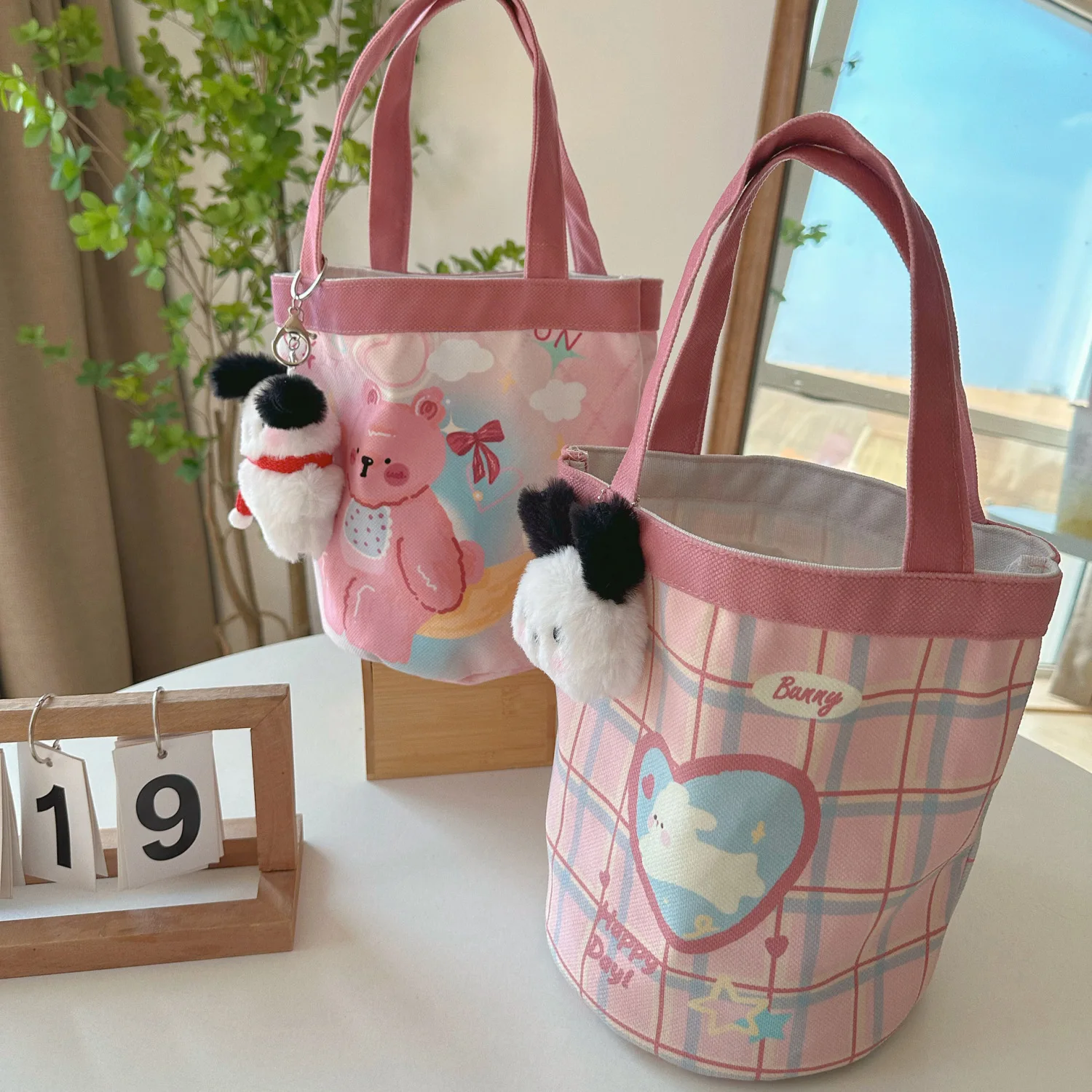 Cute Sweet Cartoon Printed Bucket Bag Portable Canvas Bag Women's Shopping Tote Bag Work Bento Bag Kawaii Women's Handbag