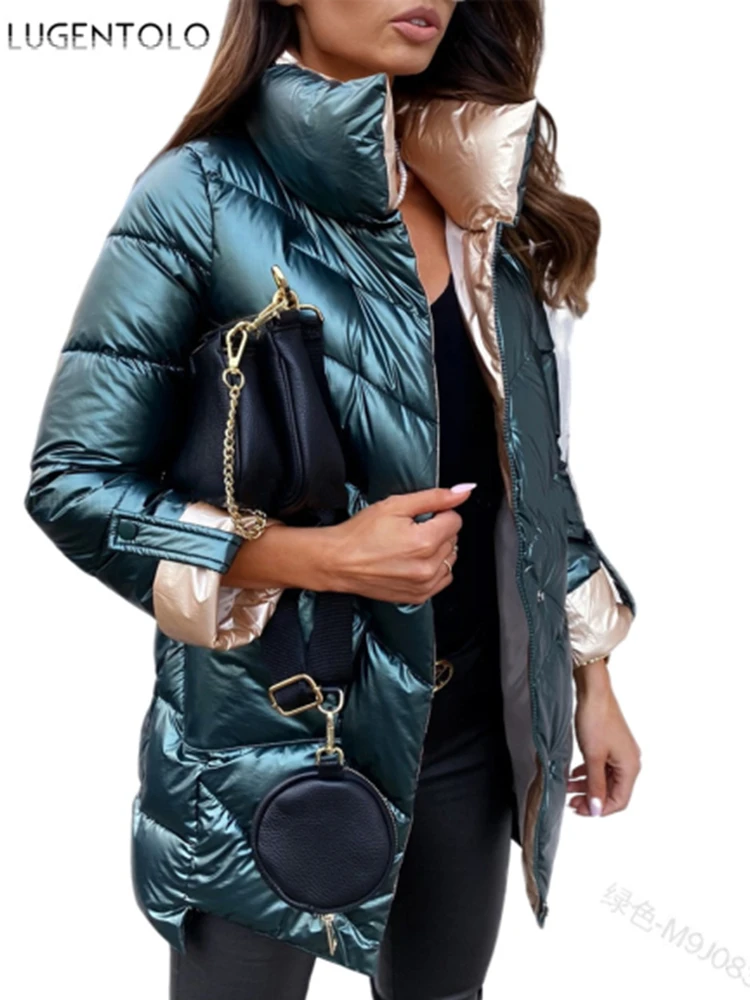 

Glossy Parkas Women Solid Zipper Autumn Winter Zipper Coat Female Casual Pocket Loose Street Thin Long Sleeve Parka Lugentolo