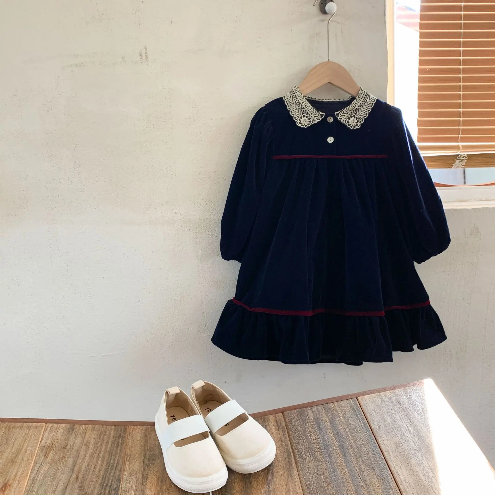 

Осень-зима 2022, новое корейское платье, детская одежда, кружевное платье принцессы с лацканами и оборками, праздничные бархатные платья для м...