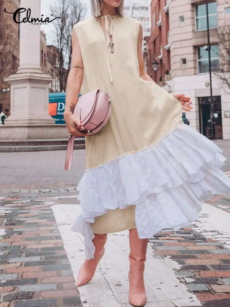 

Женское кружевное платье Celmia без рукавов, богемный праздничный длинный сарафан, летнее многослойное праздничное платье, сексуальное женск...